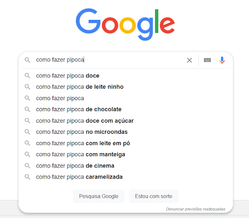 Sugestões do Google para pesquisa sobre “como fazer pipoca”