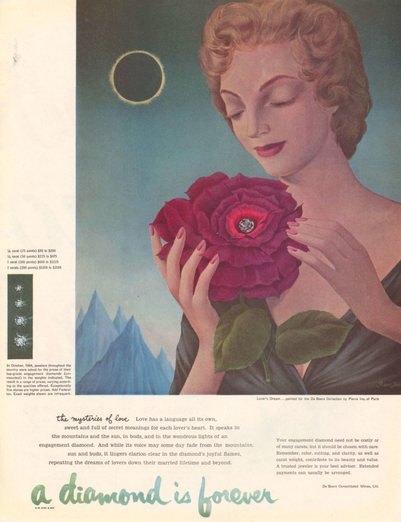 Propaganda antiga da De Beers. Há o desenho de uma mulher e uma flor com um diamante no centro. O texto: “A diamond is forever”.