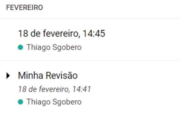 Captura de tela da página “Versões” do Google Docs, marcando “Minha Revisão” em 18 de fevereiro. 