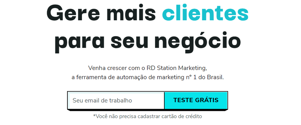 Primeiro banner do site da RD Station, com o texto “Gere mais clientes para seu negócio” em destaque.