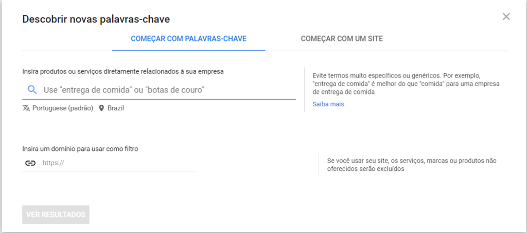 Página de input de dados do Planejador de Palavras Chave.