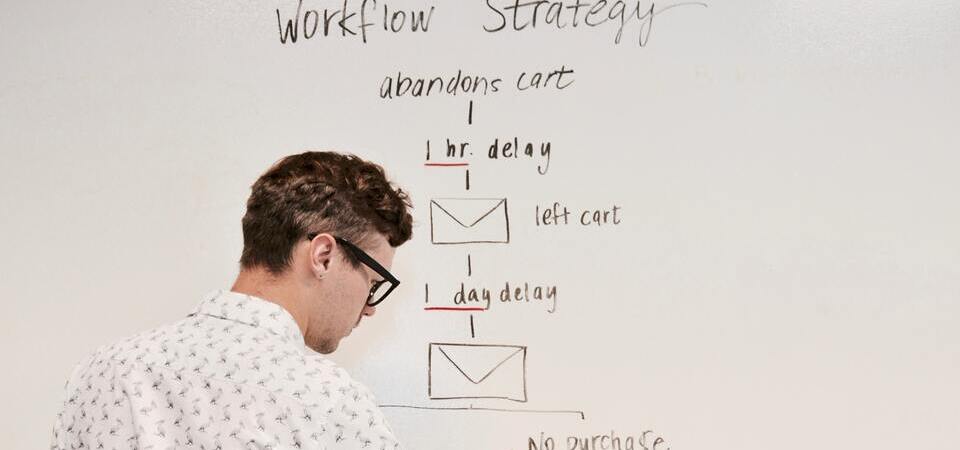 Homem escrevendo uma estratégia de workflow em quadro branco.