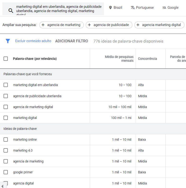 Página de resultados do Planejador de Palavras-Chave.