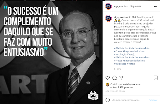 Post do Alair Martins no Instagram siga_martins, com o texto “O sucesso é um complemento daquilo que se faz com muito entusiasmo”.