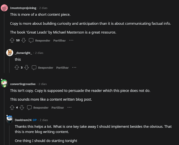 Captura de tela de um tópico do Reddit com pessoas conversando entre si.