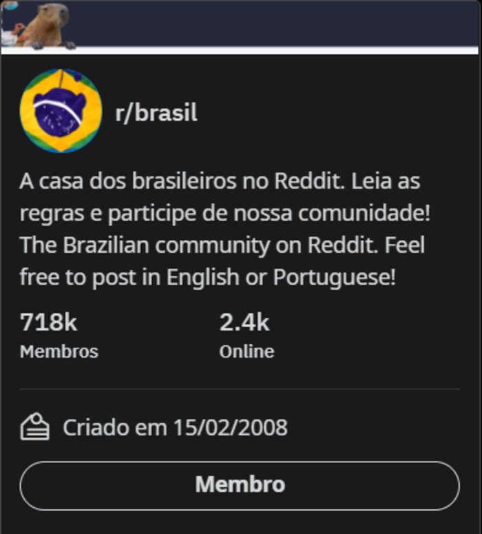 Captura de tela do r/Brasil, subreddit dedicado somente a brasileiros, mostrando 718 mil usuários cadastrados.