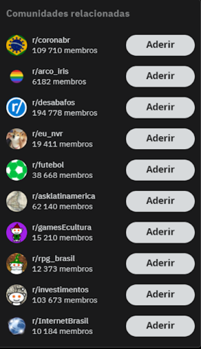 Capturas de tela de várias comunidades em português do Reddit, todas com pelo menos 3000 usuários, algumas com mais de 100 mil. 