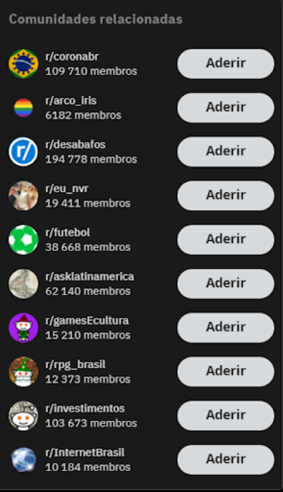 Capturas de tela de várias comunidades em português do Reddit, todas com pelo menos 3000 usuários, algumas com mais de 100 mil.