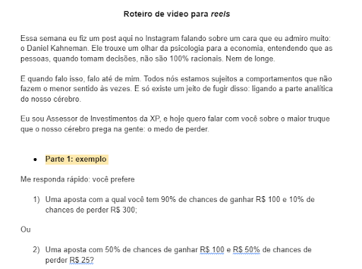 Modelo de roteiro para reels de um cliente da Cubo Amarelo.