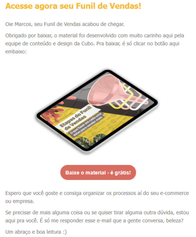 Captura de tela de um e-mail marketing de pós-conversão com plain text, mockup com o e-book e botão para baixar o material.  