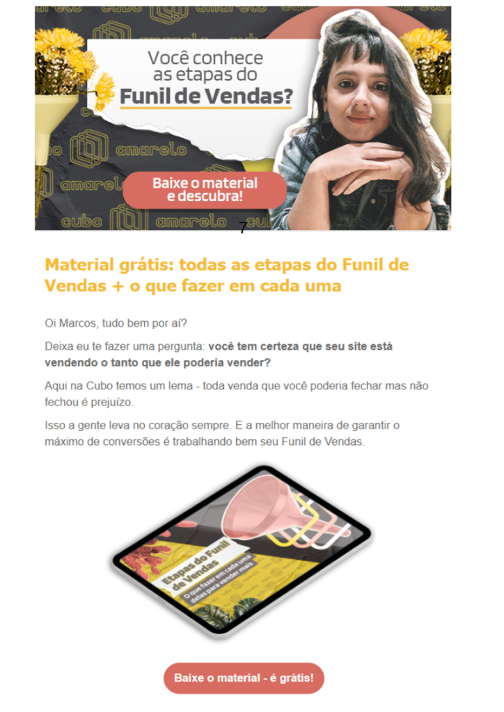 Captura de tela de um e-mail marketing de pré-conversão com banner de topo, plain text, mockup com o e-book e botão para baixar o material.