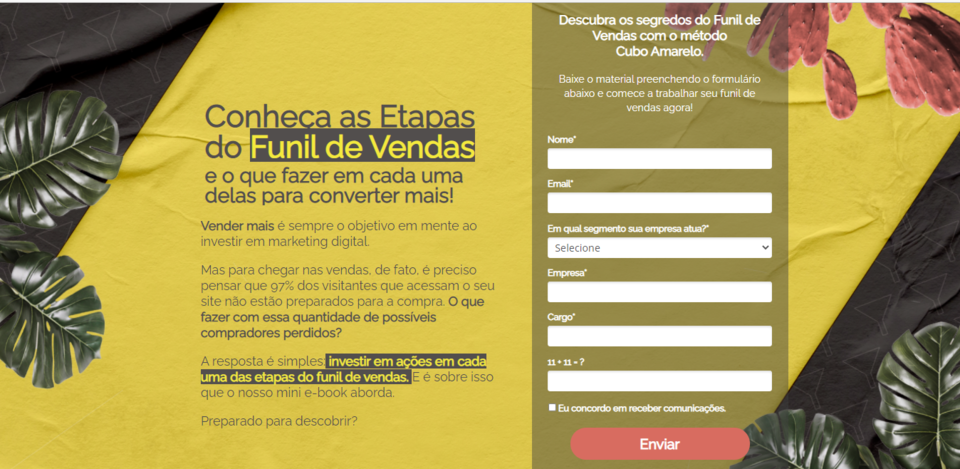 Captura de tela de uma landing page feita pela Cubo Amarelo. Nela há design relacionado à marca, texto de apresentação e formulário para download.
