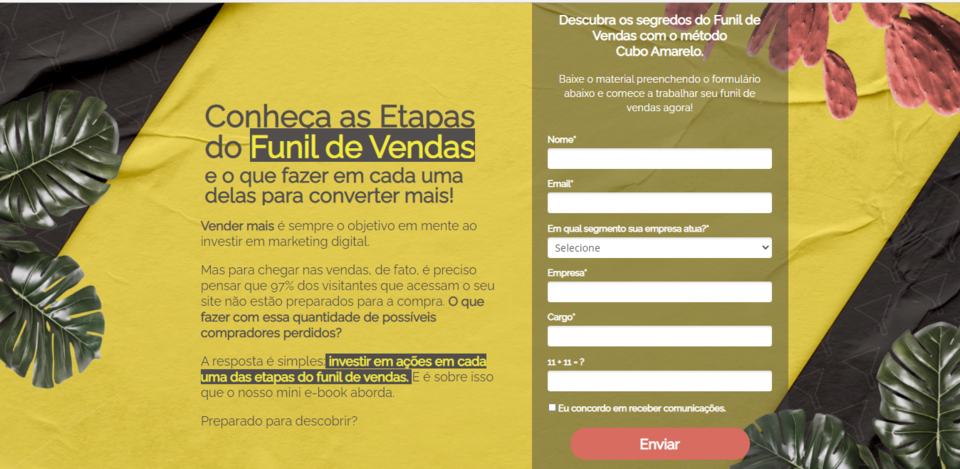 Captura de tela de uma landing page feita pela Cubo Amarelo. Nela há design relacionado à marca, texto de apresentação e formulário para download.  