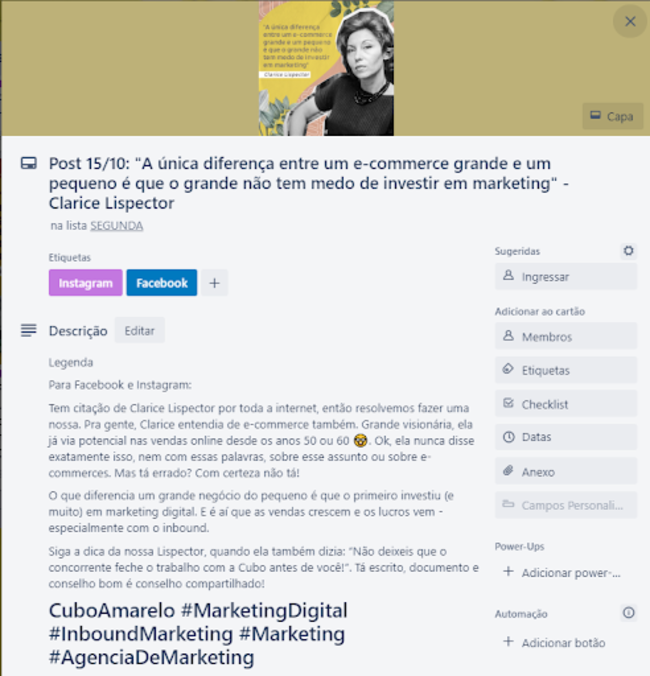 Captura de tela do Trello da Cubo Amarelo, mostrando a tela inicial de um cartão.