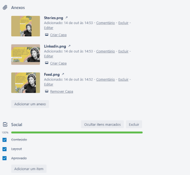 Captura de tela do Trello da Cubo Amarelo, mostrando as peças de um post nas redes sociais.