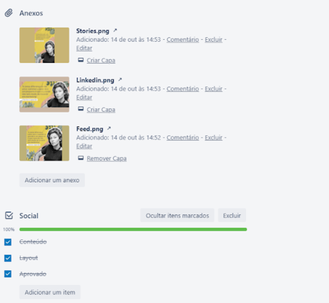 Captura de tela do Trello da Cubo Amarelo, mostrando as peças de um post nas redes sociais. 