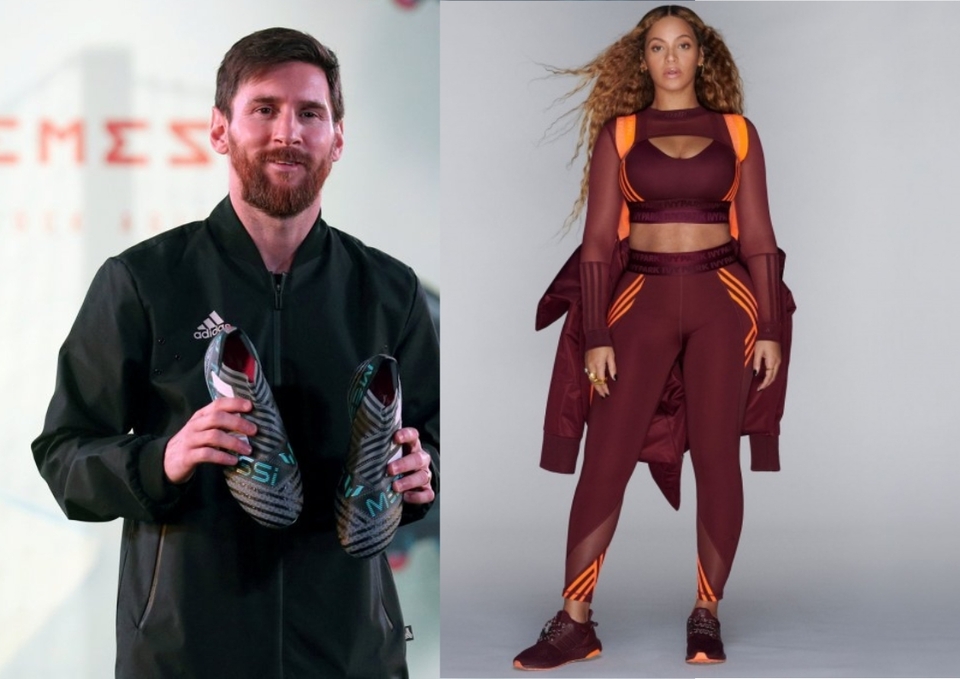 Imagem mostrando duas campanhas de calçados da Adidas - uma com o jogador Lionel Messi e a outra com a cantora Beyoncé. 