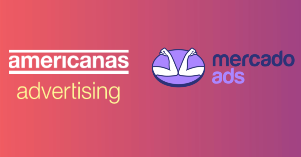 Imagem com fundo em degradê entre vermelho e roxo com logotipos do Americanas Advertising e Mercado Ads. 