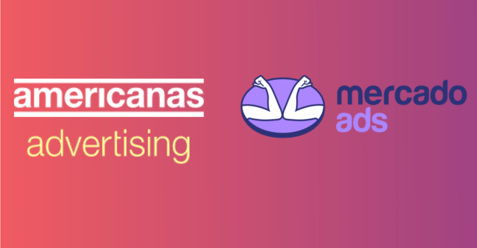 Imagem com fundo em degradê entre vermelho e roxo com logotipos do Americanas Advertising e Mercado Ads.