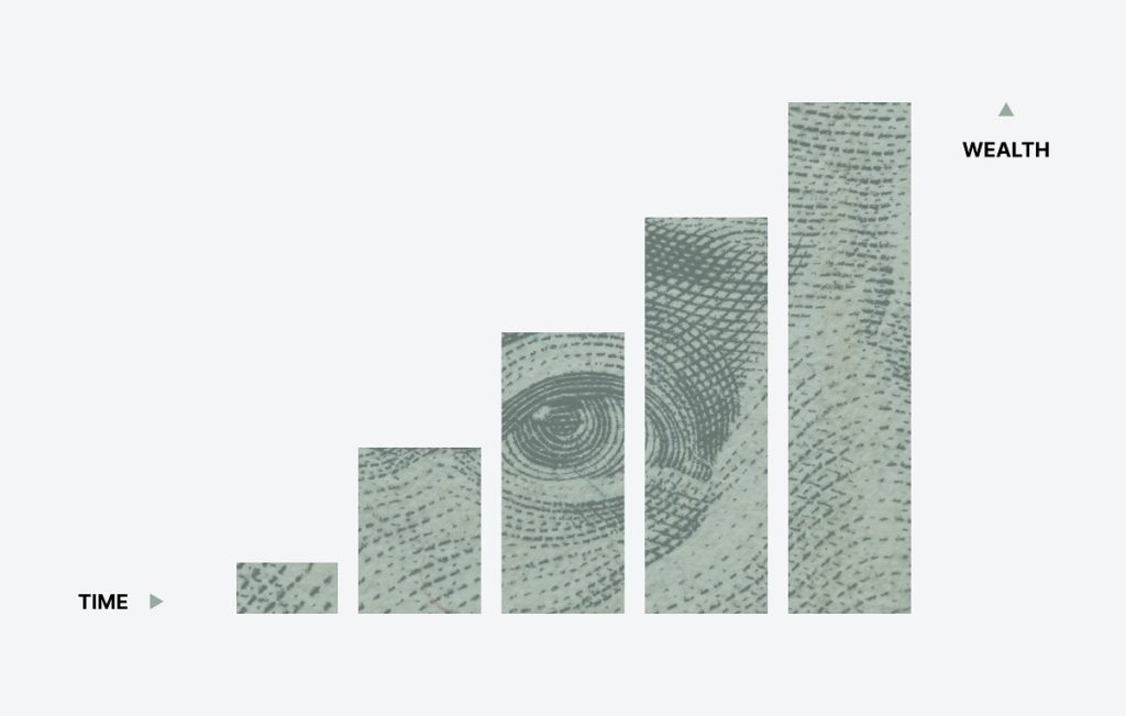 Gráfico em barras em tendência de crescimento com ilustração de dólar ao fundo.