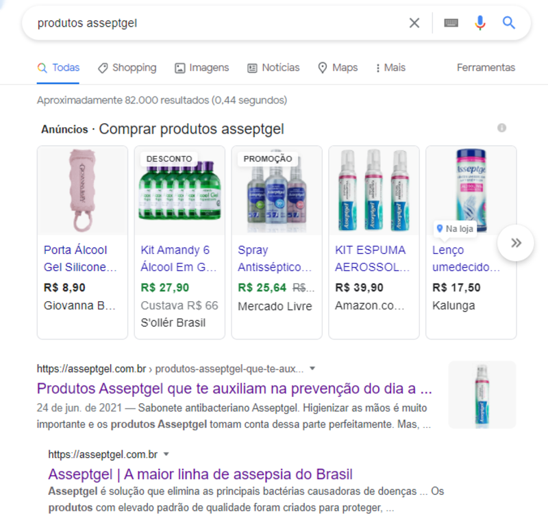 Captura de tela de snippet para “produtos asseptgel”. O resultado é um texto da própria Asseptgel.
