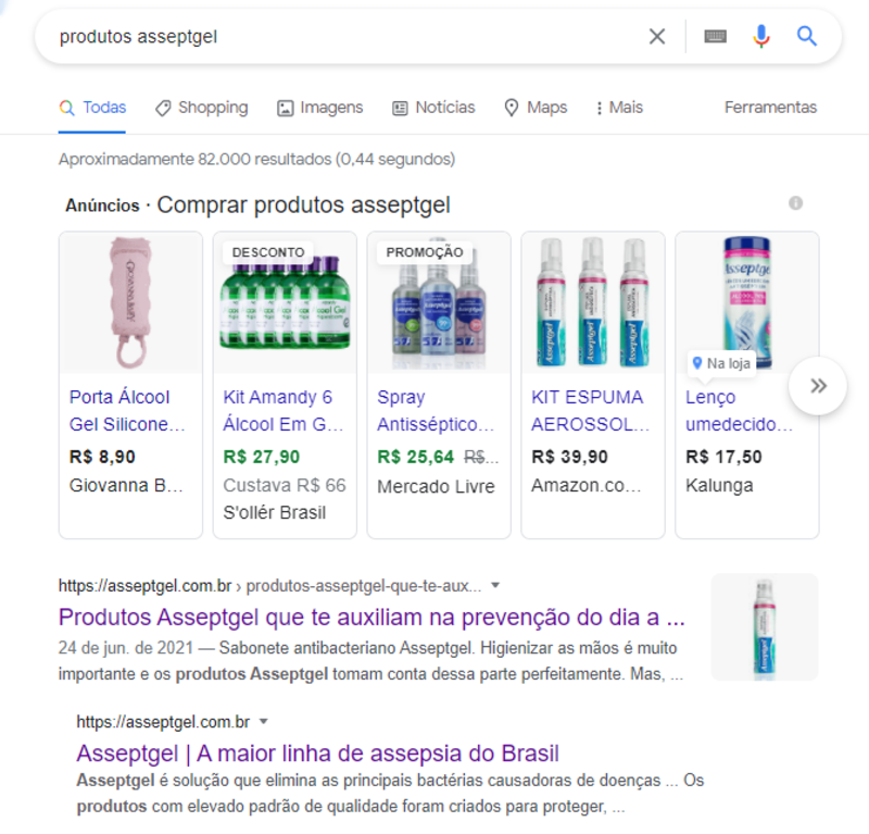 Captura de tela de snippet para “produtos asseptgel”. O resultado é um texto da própria Asseptgel. 