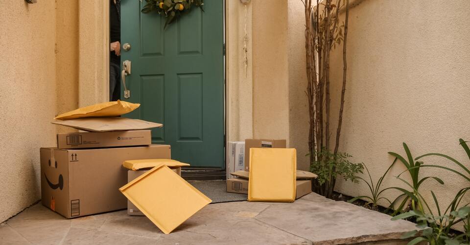 Caixas e envelopes empilhados na porta de uma casa.