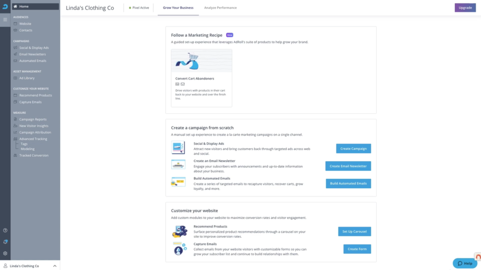 Captura de tela do dashboard da ferramenta AdRoll.