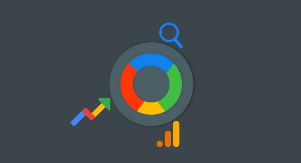 Imagem com um círculo nas cores do logotipo do Google no centro. Ao redor há iconografia do Analytics, KW Planner e Google Trends.