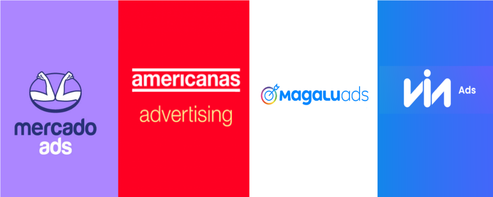 Imagem com os logotipos no Mercado Ads, Americanas Advertising, MagaluAds e Via Ads.