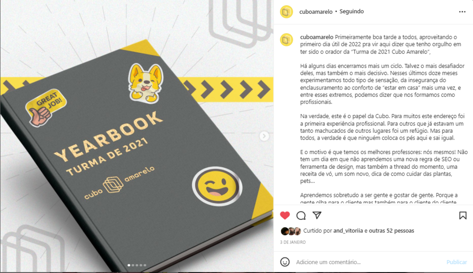 Captura de tela de um post no Instagram da empresa Cubo Amarelo. 