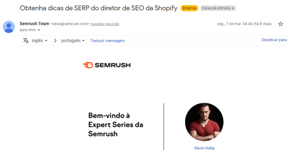 E-mail do SemRush com o título “Obtenha dicas de SERP do diretor de SEO da SHopify”.