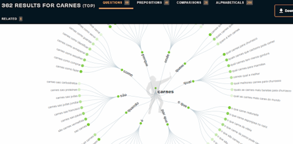 Quadro de resultados de termos relacionados a “carnes” no site Answer the Public.