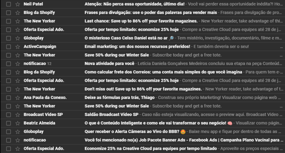 Captura de tela de uma caixa de entrada de e-mail