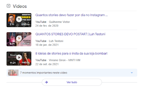 Print mostrando o carrossel de vídeos do youtube para a pesquisa “quantos stories por dia”. 