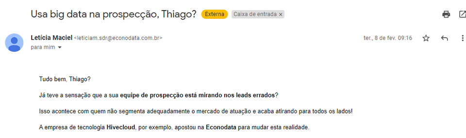 E-mail da Econodata, com o título “Usa Big Data na prospecção?”