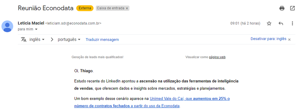 E-mail da Econodata com o título sendo “Reunião Econodata”.