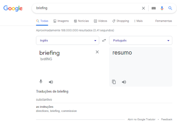 Captura de tela de uma pesquisa no Google para “briefing”.