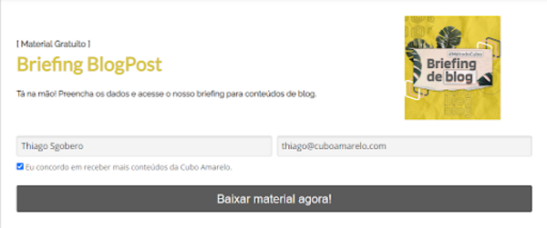 Formulário da Cubo Amarelo para baixar o material “Briefing de blog posts”. 