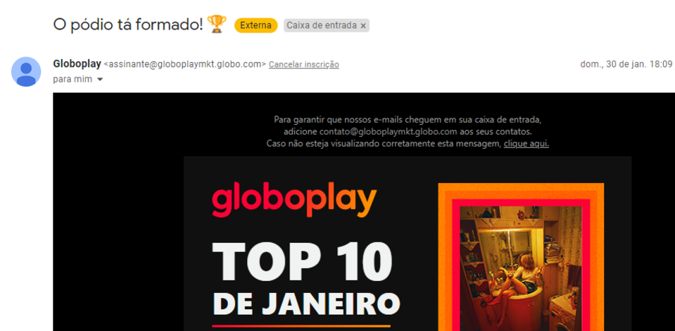 E-mail da Globoplay com o título “O pódio tá formado”.