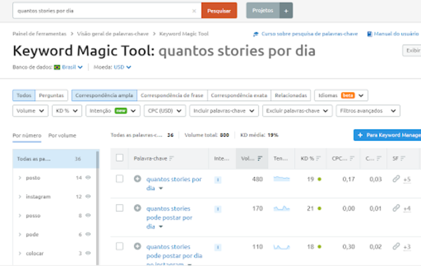 Print mostrando a página de resultados do Keyword Magic Tool para a palavra-chave “quantos stories por dia”.