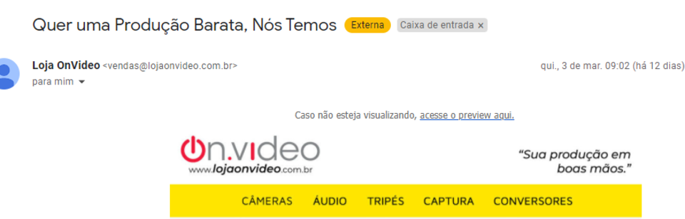 E-mail da OnVideo com o título “Quer uma produção barata? Nós Temos”. 