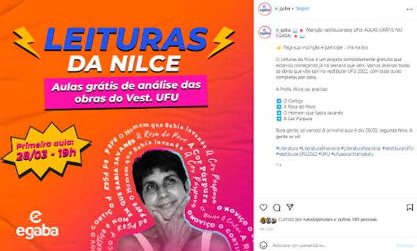 Captura de tela de um post do Egaba falando sobre a ação “Leituras da Nilce” 