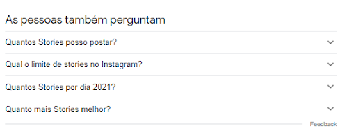 Print mostrando a parte “as pessoas também perguntam” para a pesquisa “quantos stories por dia”.