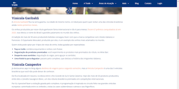 Captura de tela de um fragmento de texto do blog da Trade Turismo. Nele podemos identificar dois H2 que são nomes de vinícolas brasileiras.