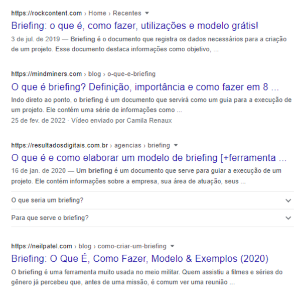 Captura de tela de uma pesquisa no Google para “o que é briefing”.