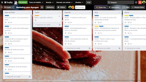 Captura de tela de um quadro no trello voltado para marketing digital para açougues