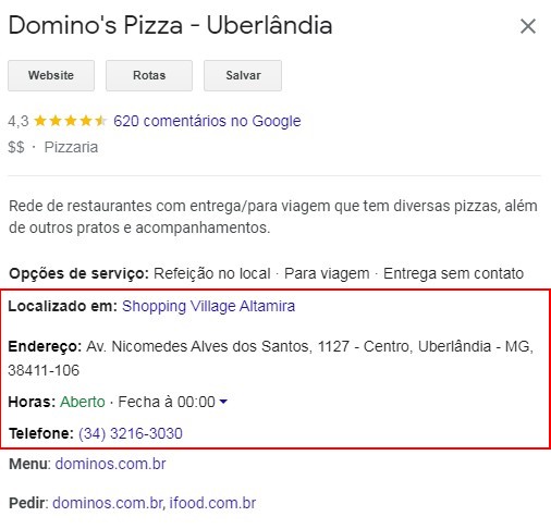 Print de um exemplo de NAP utilizado em SEO local.
