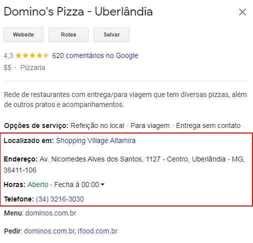 Print de um exemplo de NAP utilizado em SEO local. 