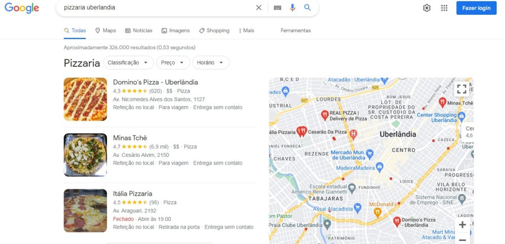 Print com exemplo de busca de pizzarias em SEO local. 